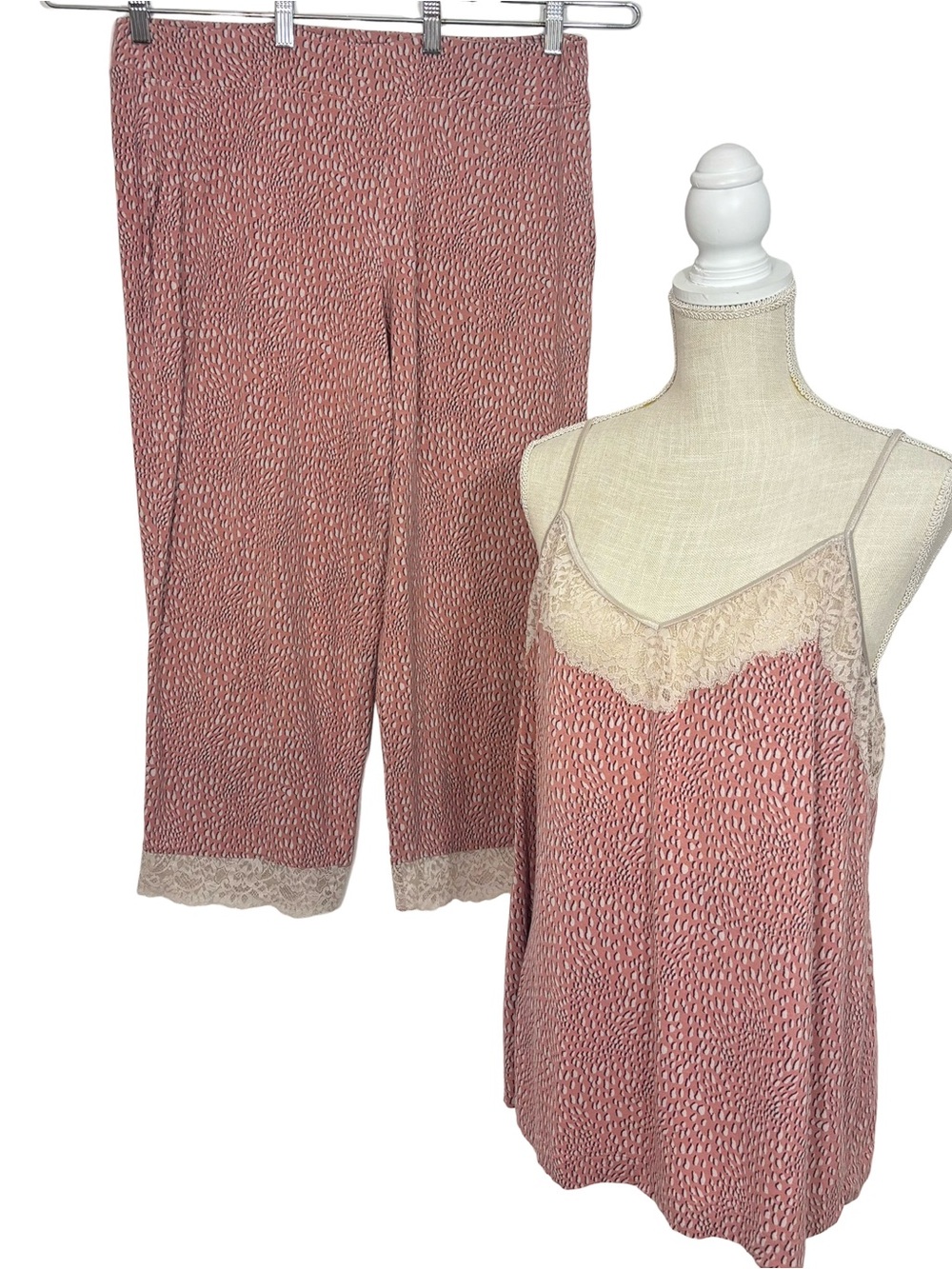 Soma Embraceable Signature Pajamas Rose Pink Cream Lace Tank Long Pants Sz Large